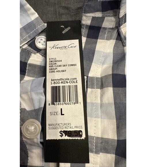 NWT Kenneth Cole Non Iron, Stretch, Plaid, White Blue, Gray - Large - Picture 2 of 8